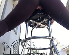 Humping barstool outdoor in ravelled leggings with full bladder blasting pee until orgasm