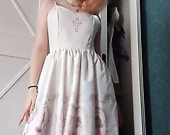 Gentle homemade masturbation roughly a white dress and a passionate stormy orgasm