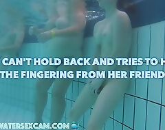 Incongruous girl jerks in a public pool added to tries to hide but I filmed her