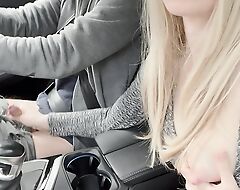 Staggering handjob while driving!! Huge load. Cum eating. Cum play.