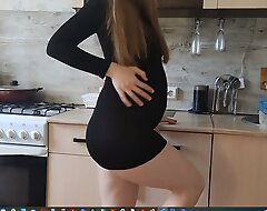 Slobbery blowjob coupled just about hard sex just about a pregnant woman in a short black dress