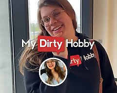MyDirtyHobby - Nerdy babe copulates added to creampied in public