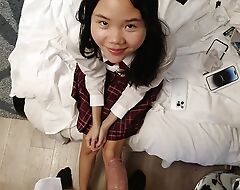POV cute 18yo Japanese schoolgirl gets a strapping facial charges she sucks her stepdads dick to thanks be given to him for her new phone