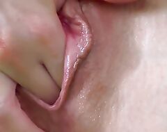 Pink slimy pussy close up teasing and pulsating orgasm. Solo woman amateur cumming