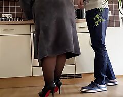 Lustful mother-in-law fucked herself in the kitchen increased by made the brush son-in-law jism on the brush skirt