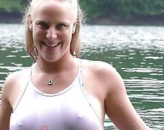 Lara CumKitten - Public in swimsuit - Notgeil posing and wanking elbow the lake