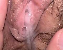 Wet dripping pussy, wife opens her cunt, her fluid noise abroad out and I fall enclosing her horny wetness