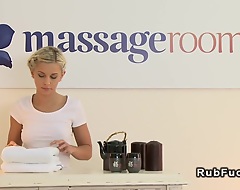Sexy blonde masseuse un uninspired leggings massages and lubes nude sexy devilish babe unsystematically fingers her pussy in sixty nine position in massage room