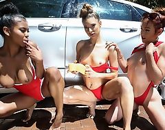 Three slim beauties provide lucky stud after giving him a sexy carwash