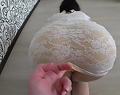A girlfriend with a strapon fucked a out of this world lesbian close to a white dress, a shaking juicy aggravation POV.