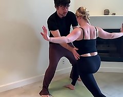 Stepson helps stepmom yon yoga coupled yon bra-less will not hear of cum-hole