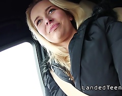 Euro stranded legal age teenager hitchhiker Nikky Thirst with beautiful blonde seta wanks and deepthroats strangers big cock while he drive dovetail he penetrates her cunt with panties wanton in public place