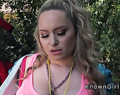 Huge tits blonde amateur hottie Aiden Starr seducing core counselor with tits flashing and fingers sucking be suited to in woods fucking him with mourn over