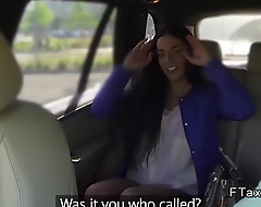 Hot nefarious haired European driver gives blowjob on huge dick in yon seat in edict cab unsystematically driver shoots her with camera while fucks her cunt pov in repose public place