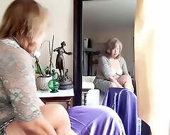 Granny at hand lace & pearls masturbating! Mature plumper woman, hairy pussy