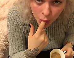 Blonde slut drinks COFFEE with CUM