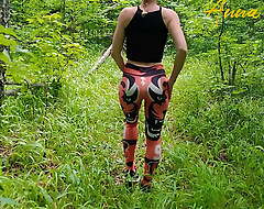 Public masturbation, a girl in leggings walks in nature